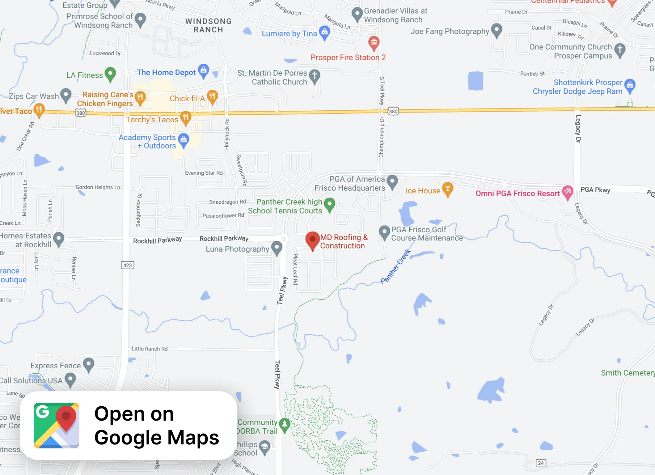 Location of MD roofing and construction in Frisco, Texas near PGA Parkway